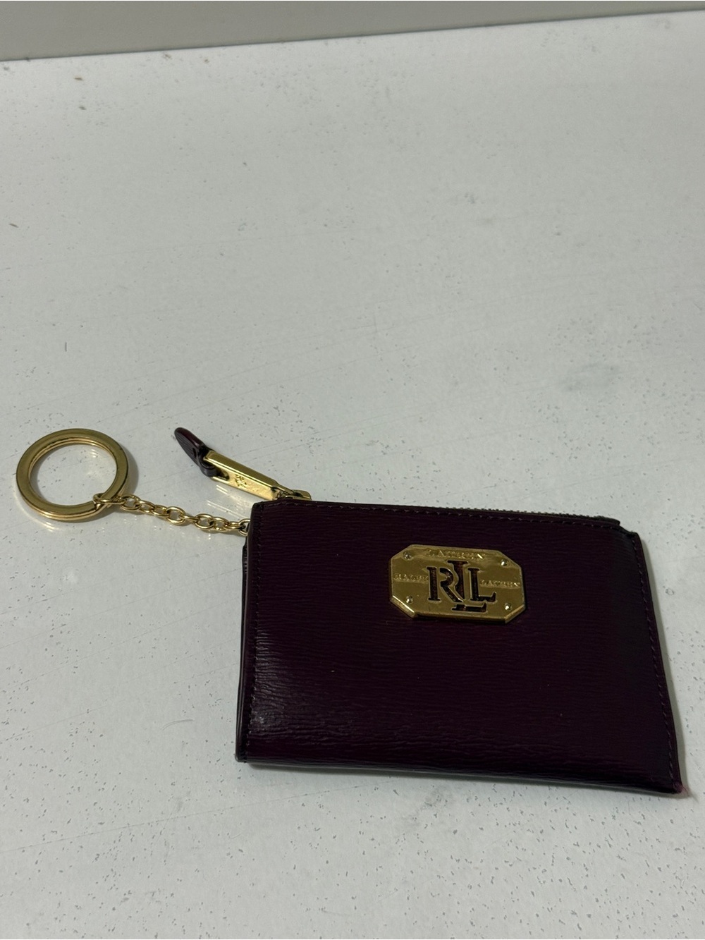 Ralph Lauren Deep Burgundy Leather Key & Card Holder with Gold RL Plaque